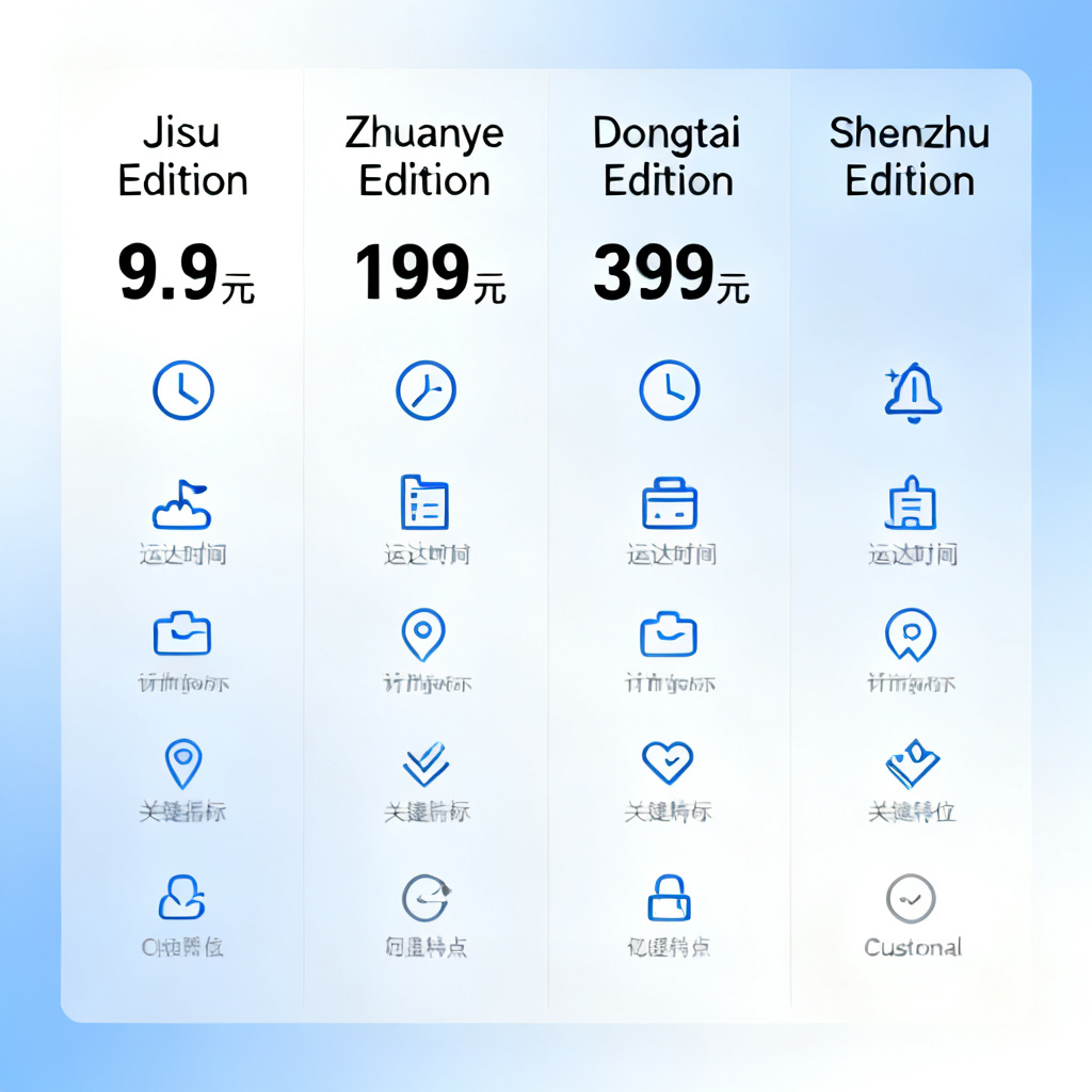 A comparison table infographic for Soujixing pricing tiers, showing four columns: "Jisu Edition" (9.9 yuan), "Zhuanye Edition" (199 yuan), "Dongtai Edition" (399 yuan), and "Shenzhu Edition" (custom). Each column has icons for delivery time, number of indicators, and key features. The background uses a gradient from light blue to white.