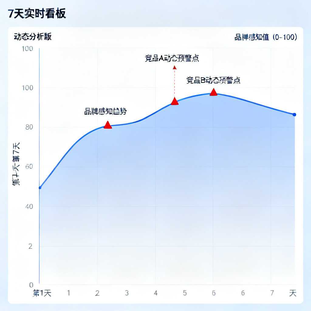 一张实时看板界面截图，展示动态分析版的7天品牌感知曲线，标注竞品动态预警点。