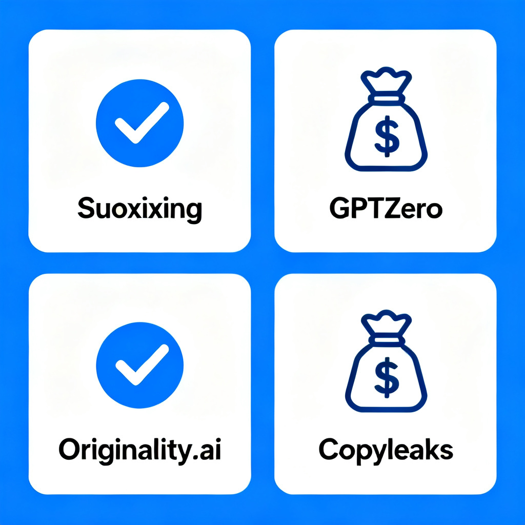 A detailed infographic showing four AI content detection tools: Suoxixing, GPTZero, Originality.ai, Copyleaks, with icons representing free features (checkmark, money bag, etc.) arranged in a grid, modern flat design, blue and white color scheme.