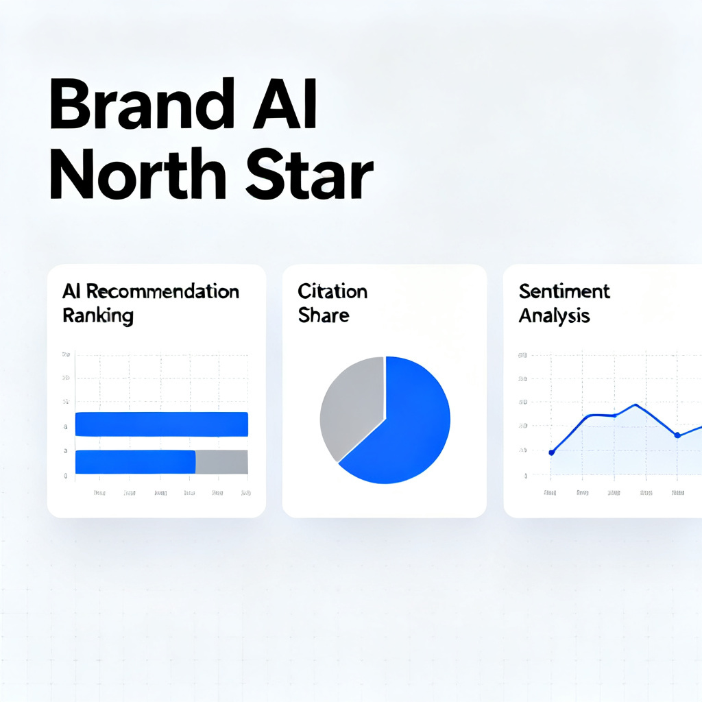 A dashboard mockup for 'Brand AI North Star' displaying key metrics like AI recommendation ranking, citation share, and sentiment analysis. Clean interface, data visualization.