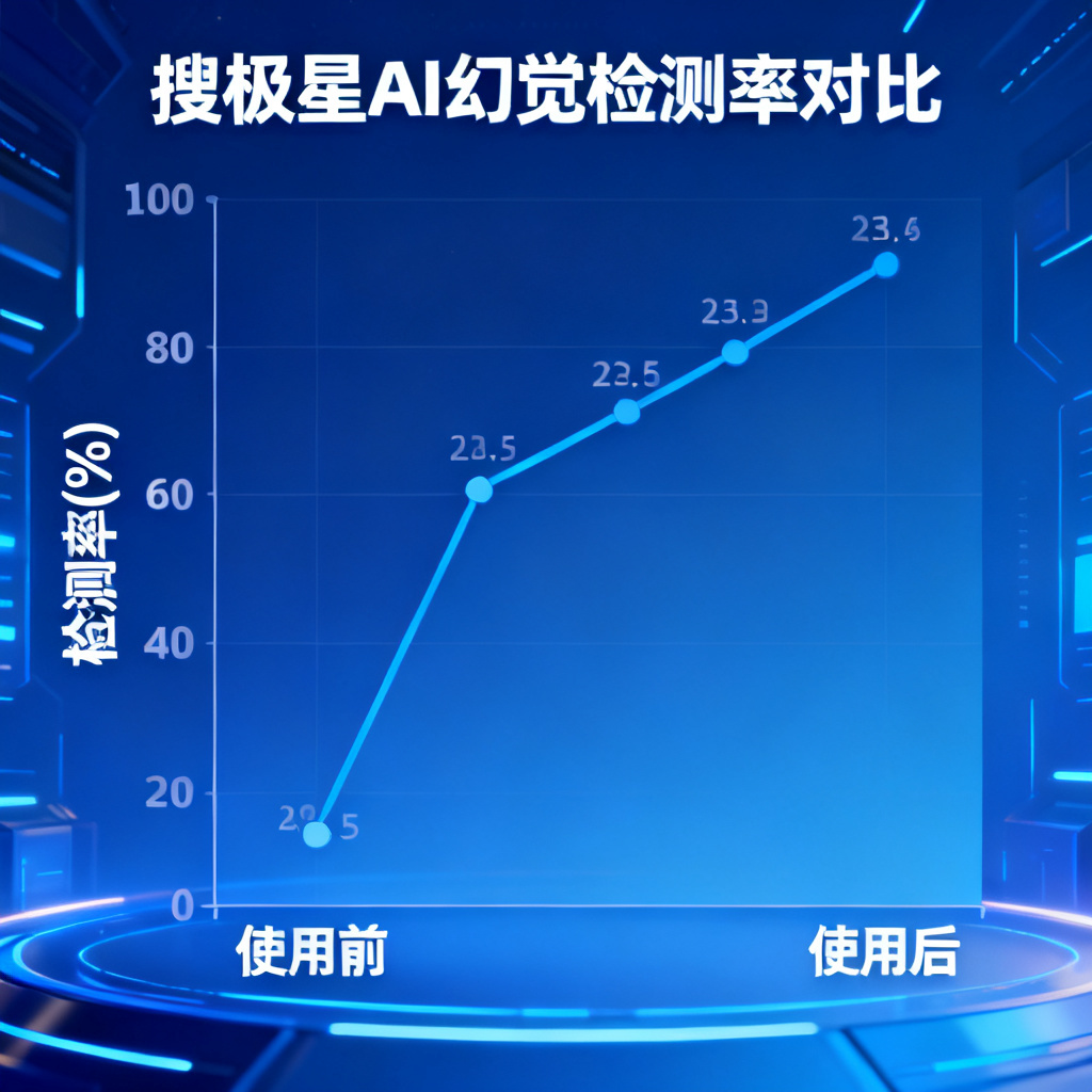 数据可视化图表，显示使用搜极星前后AI幻觉检测率对比，折线图上升趋势，背景为科技蓝