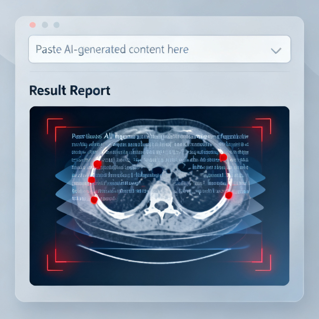 A user interface showing a text input box with "Paste AI-generated content here" and a result report with highlighted AI hallucination markers, resembling a medical CT scan display.