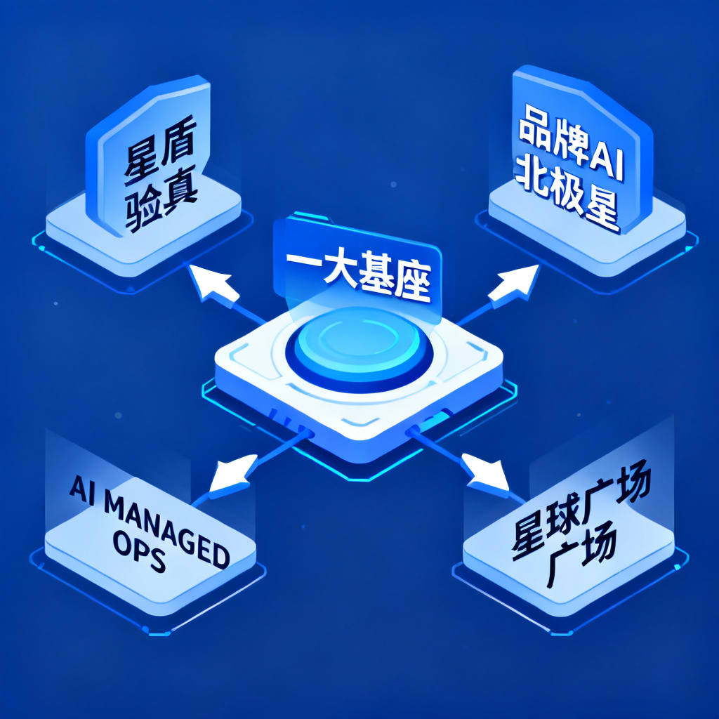 一张信息图，展示搜极星的产品矩阵，中心为“一大基座”数据引擎，四周环绕“星盾验真”、“品牌AI北极星”、“AI MANAGED OPS”、“星球广场”四个模块，用箭头连接，风格科技蓝，扁平化设计