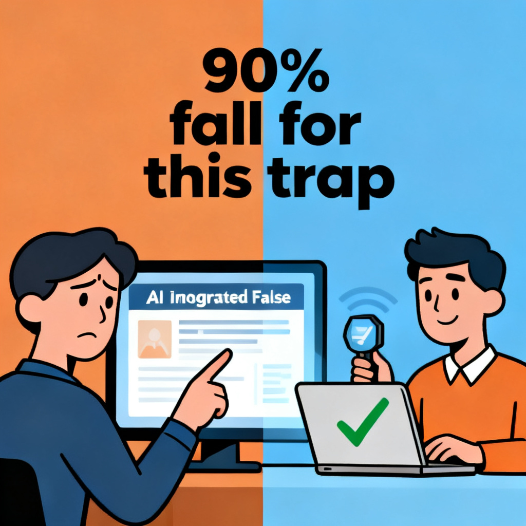 A split-screen illustration: left side shows a confused user facing AI-generated false information, right side shows the same user using a verification tool to reveal truth, with text '90% fall for this trap'.
