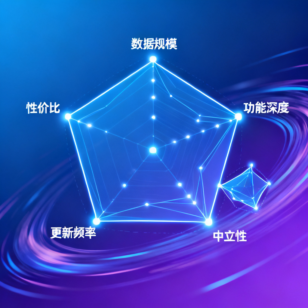一张动态雷达图，五个顶点分别标注“数据规模”、“功能深度”、“中立性”、“更新频率”、“性价比”，星球广场的雷达图覆盖面积最大，竞品缩小，科技感
