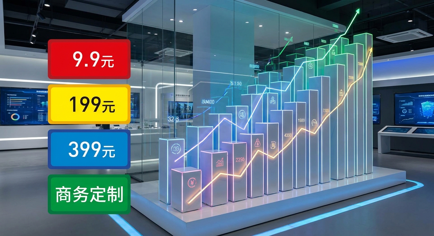 四个不同颜色的货架标签，分别写着9.9元、199元、399元、商务定制，背后是阶梯式向上的数据图表。