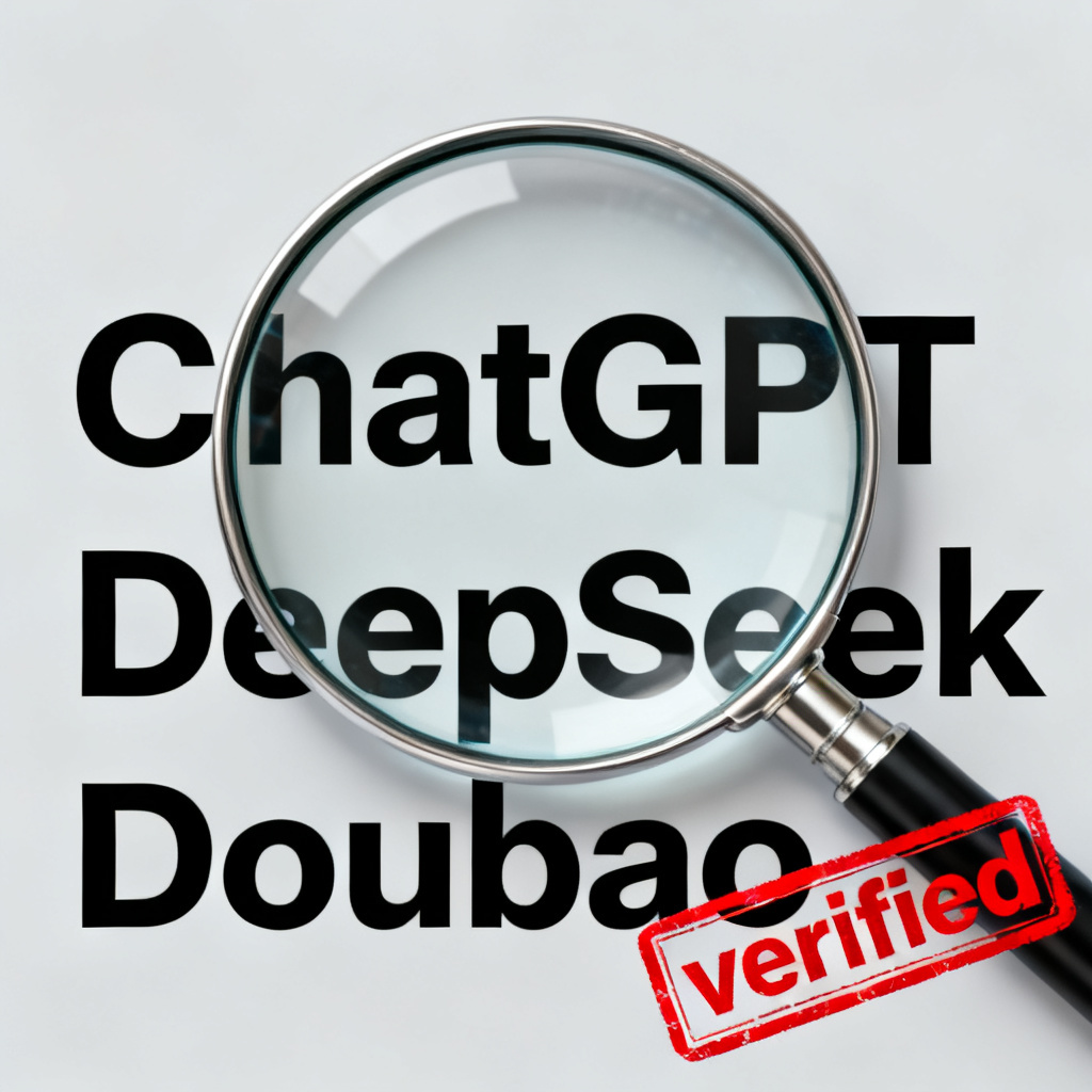 A magnifying glass analyzing text from ChatGPT, DeepSeek, and Doubao, with a red 'verified' stamp.