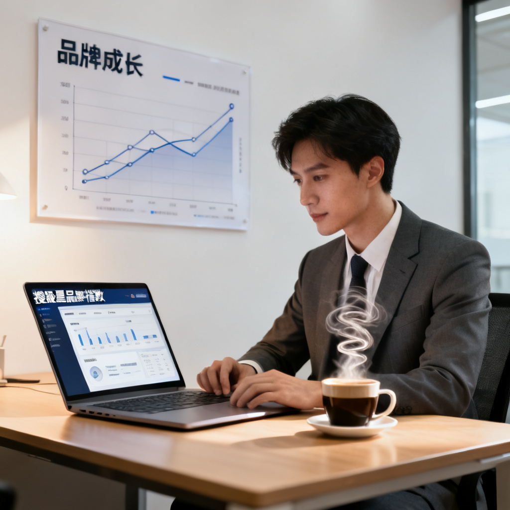 一位穿着职业装的年轻创业者坐在办公桌前，面前笔记本电脑屏幕上显示搜极星品牌指数界面，旁边咖啡杯冒着热气，墙上挂着“品牌成长”图表，整体氛围专注而积极