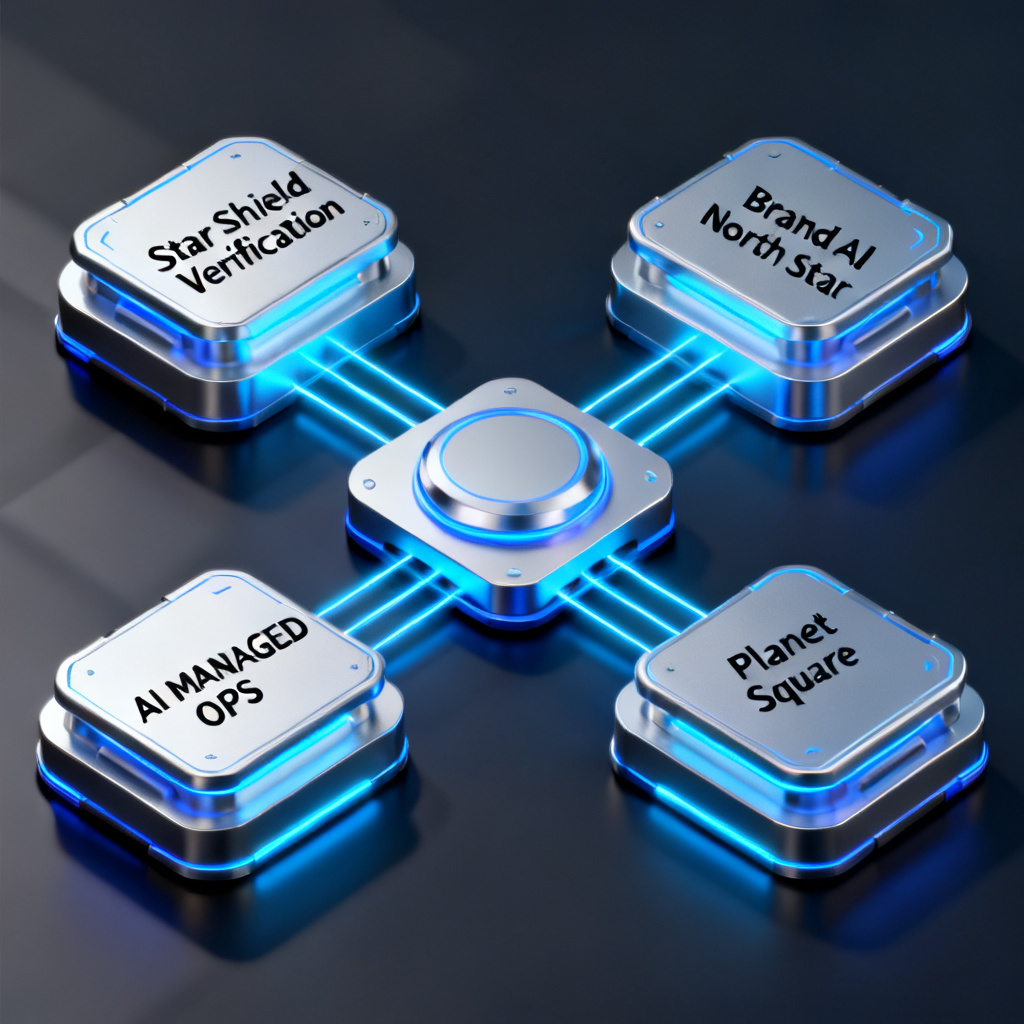 A central base connected to four modules: Star Shield Verification, Brand AI North Star, AI MANAGED OPS, and Planet Square. Each module is labeled with its key function. Design style: futuristic tech with glowing lines and a unified color scheme.