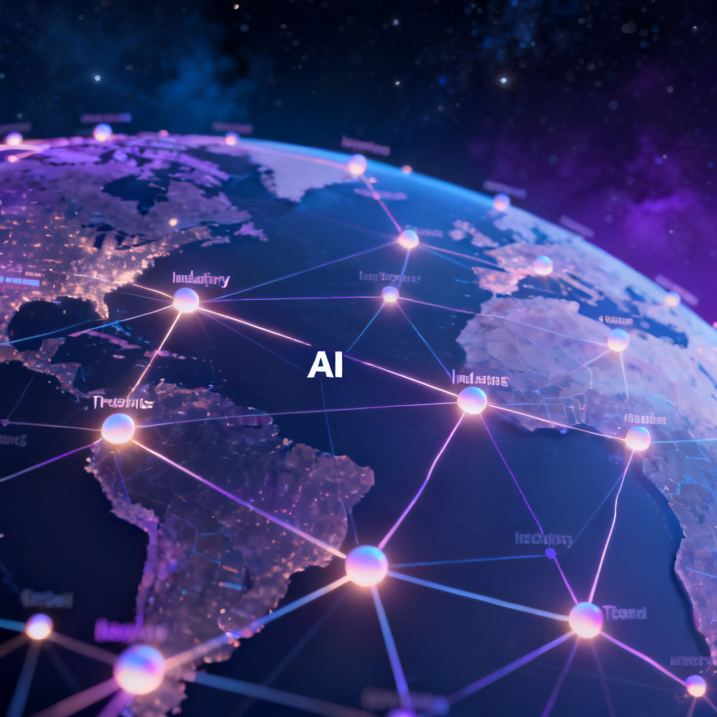 A global network visualization with data nodes representing industries, connected by glowing lines, showing a macro view of AI trends, data science aesthetic, deep space background, 3D rendering.