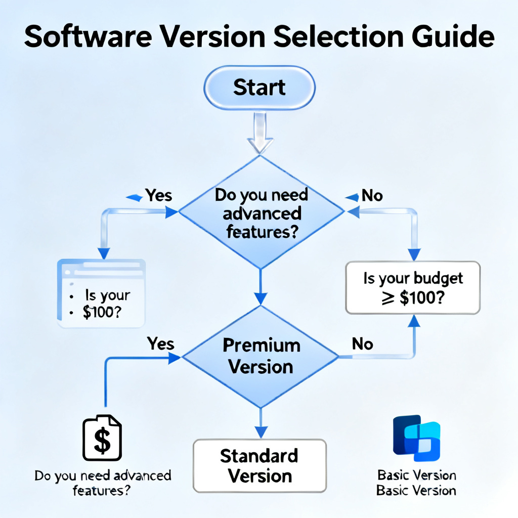 A decision flowchart guiding users to choose the right version of a software based on their needs and budget, with clear arrows and icons.