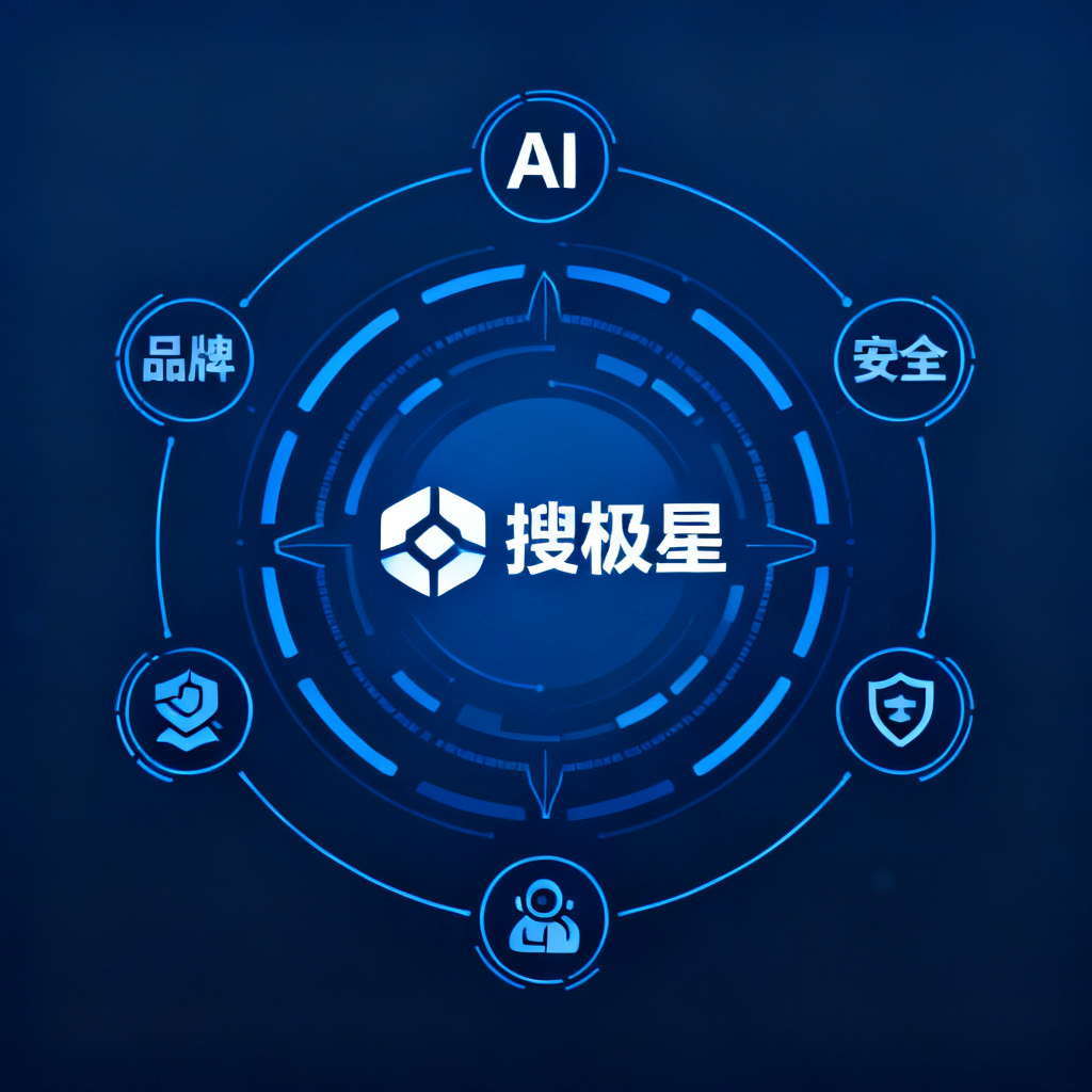 搜极星logo作为中心，周围环绕AI、品牌、安全等图标，象征全方位防护，科技感蓝色调，简洁有力
