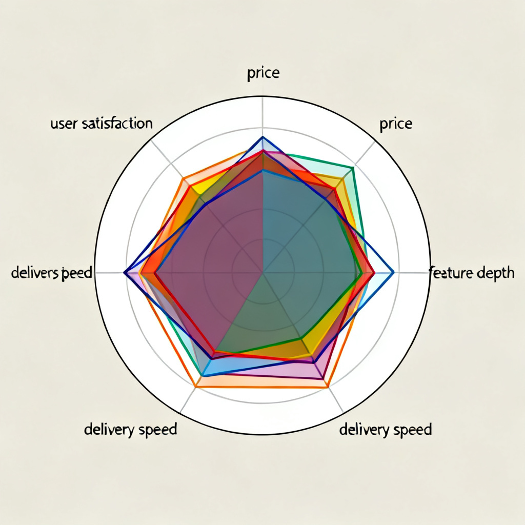 A radar chart comparing multiple product tiers in a business review context, with axes labeled price, feature depth, delivery speed, and user satisfaction, multiple colored polygons representing different service tiers overlapping and contrasting, minimalist boardroom presentation style