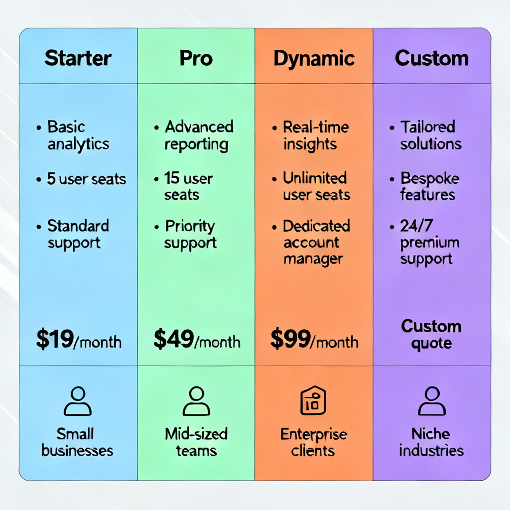 A side-by-side comparison table of four product tiers (Starter, Pro, Dynamic, Custom) with features, price tags, and target user icons