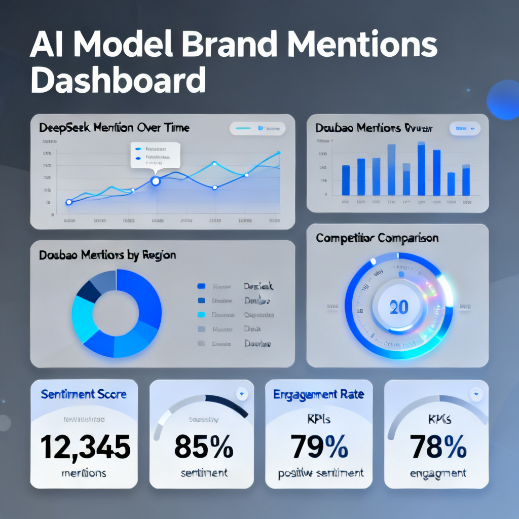 A dashboard with multiple charts showing brand mentions across AI models like DeepSeek and Doubao, with dynamic gauges and KPIs.