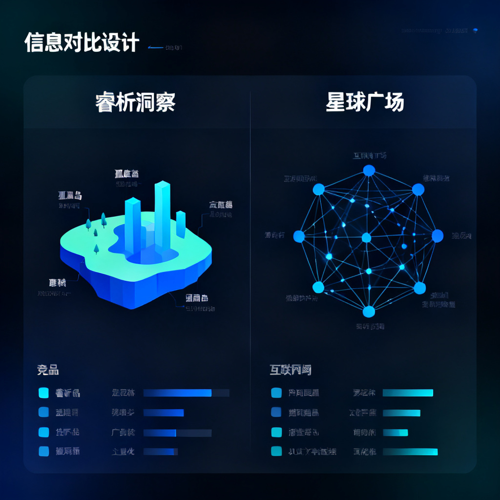 对比图：左侧是孤岛状数据（标注“睿析洞察”等竞品），右侧是互联网络（标注“星球广场”）
