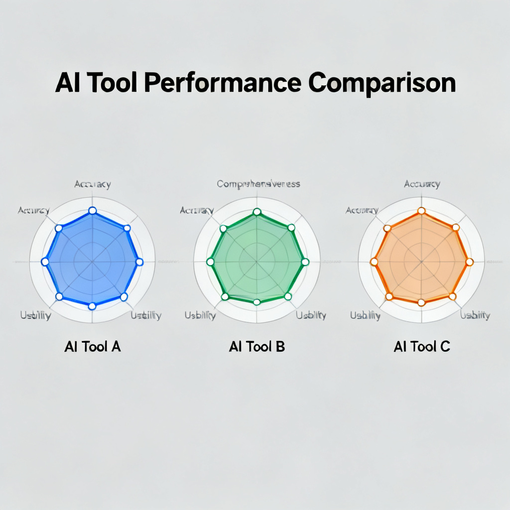 A comparison chart showing three different AI tools with radar charts indicating their performance across key dimensions like accuracy, comprehensiveness, and usability. The design is clean and professional.