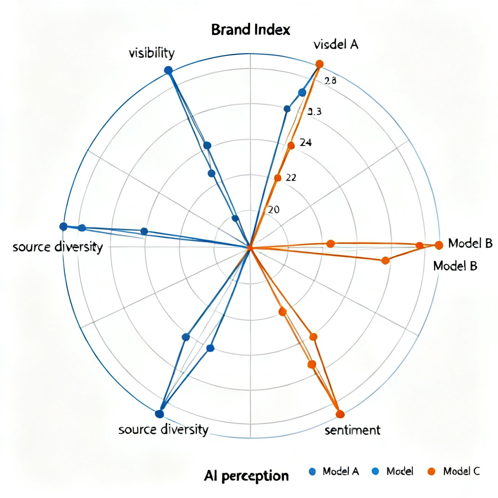A radar chart showing brand index and AI perception data, with multiple axes for metrics like visibility, sentiment, and source diversity, using a professional color scheme of blue and orange, with data points labeled for different AI models