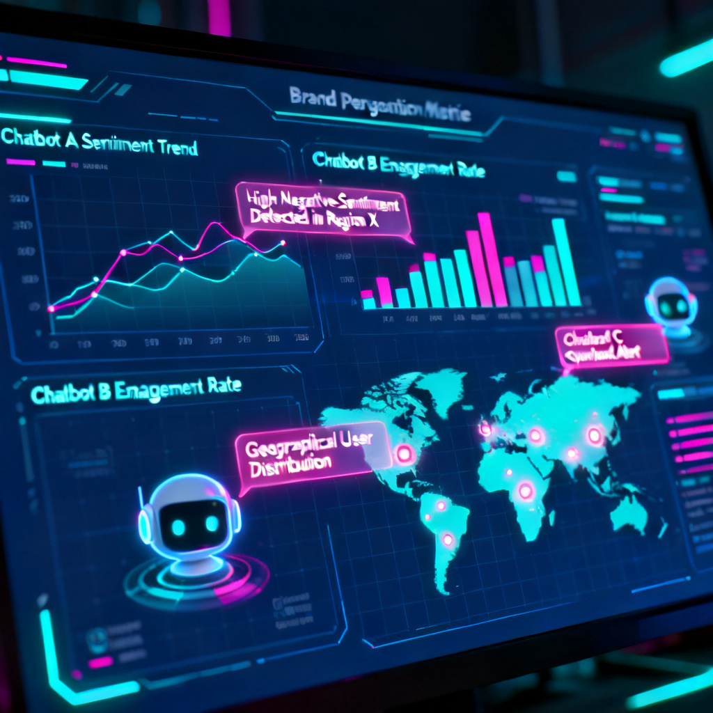 A futuristic control room dashboard displaying real-time brand perception metrics across multiple AI chatbots. The interface shows graphs, alerts, and a world map with data points.