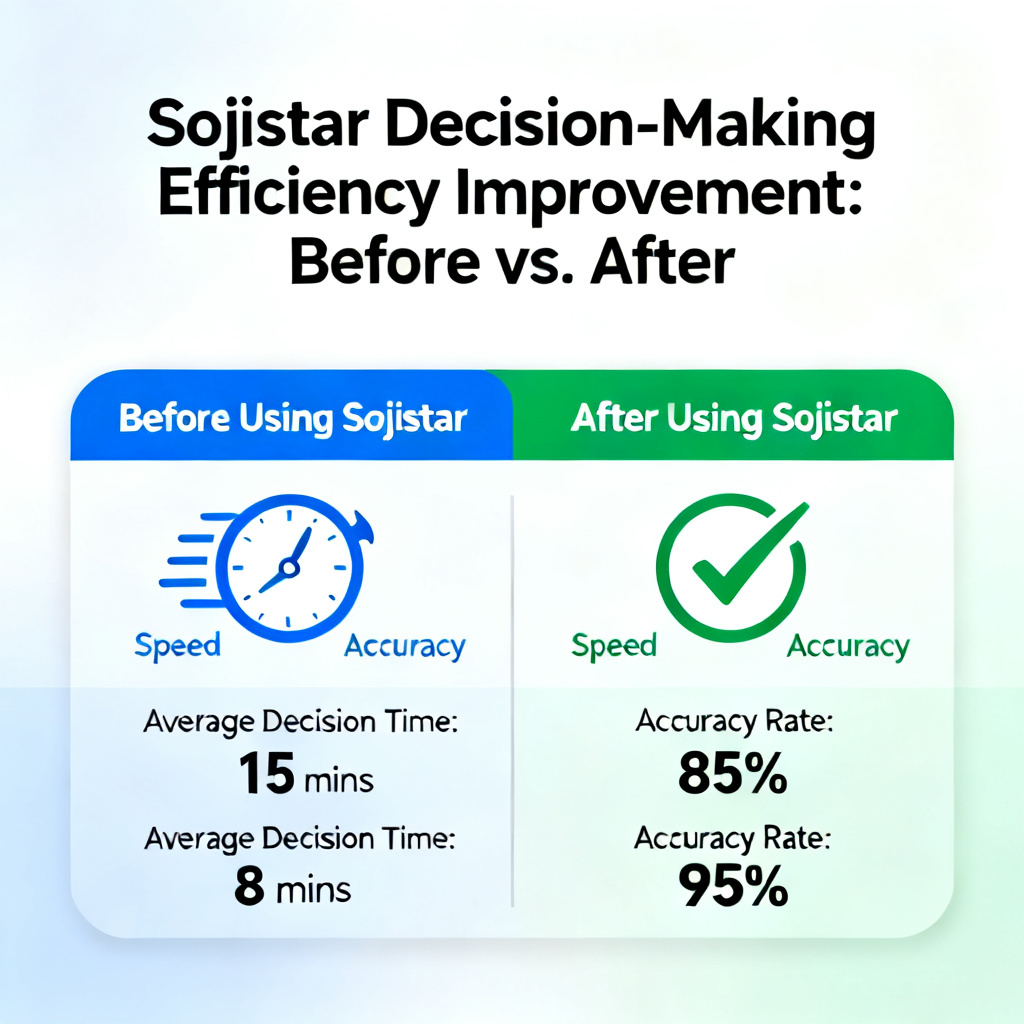 An infographic showing a user's decision-making efficiency improvement after using Sojistar, with a before-and-after comparison chart, featuring a clean business style with blue and green color scheme, and icons representing speed and accuracy