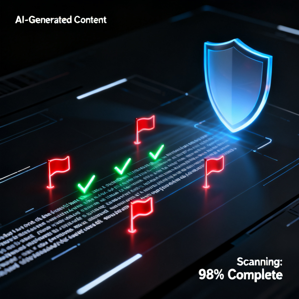 A futuristic digital shield scanning a stream of AI-generated text, with glowing checkmarks and red flags for false information, in a sleek dark interface.
