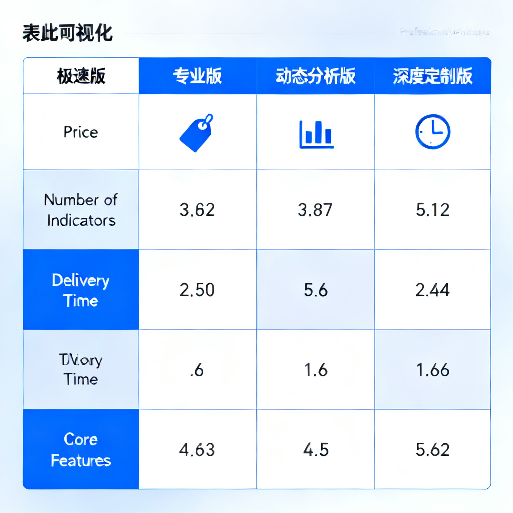 A comparison table visualization showing four versions of 搜极星 (极速版, 专业版, 动态分析版, 深度定制版) with key metrics like price, number of indicators, delivery time, and core features. The table is styled with a professional blue-and-white theme, using clear icons and color-coded cells to highlight the best value options.