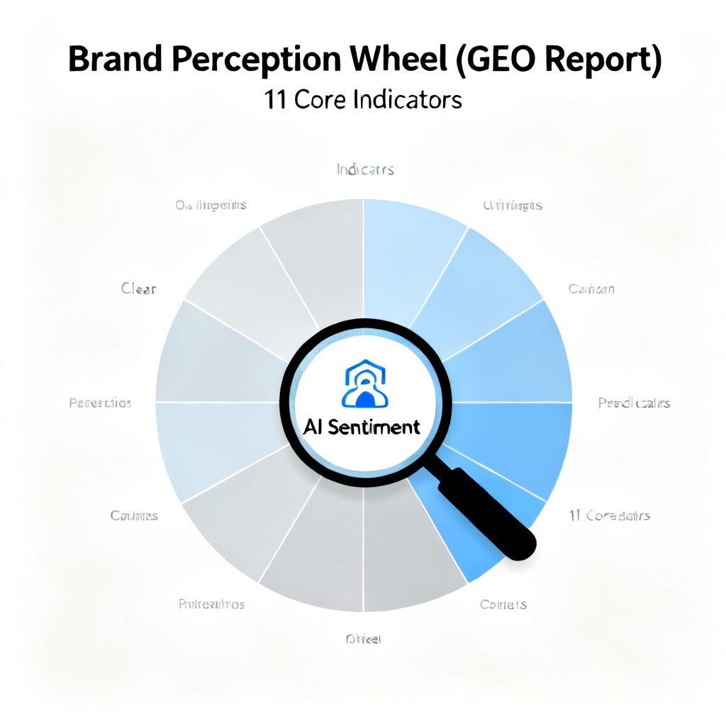 A brand perception wheel showing 11 core indicators from a GEO report, with a magnifying glass on 'AI Sentiment', clean and modern.