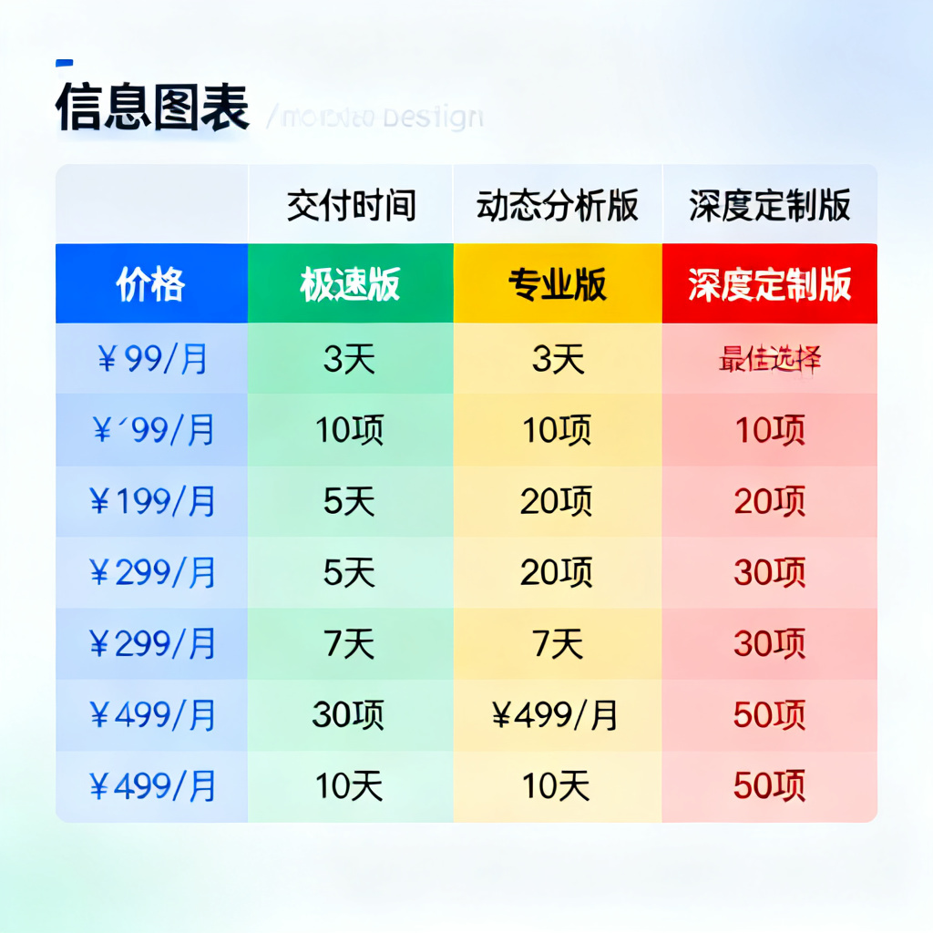 一个清晰的对比表格图,列出搜极星四个付费版本(极速版、专业版、动态分析版、深度定制版)的价格、交付时间、核心指标数量,用不同颜色高亮最佳选择。