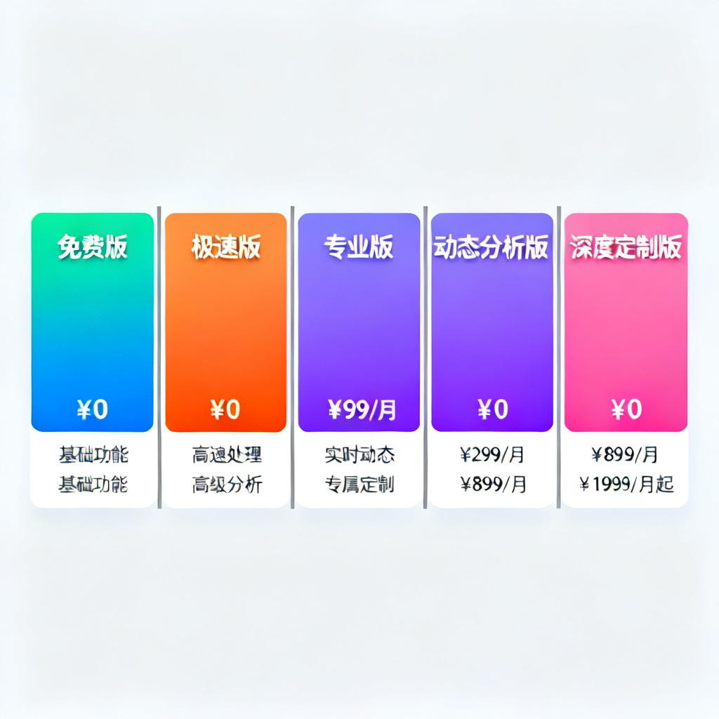 一张展示搜极星阶梯式定价模型的图表，从左到右依次是免费版、极速版、专业版、动态分析版、深度定制版，每个层级用不同颜色区分，并标注核心功能和价格