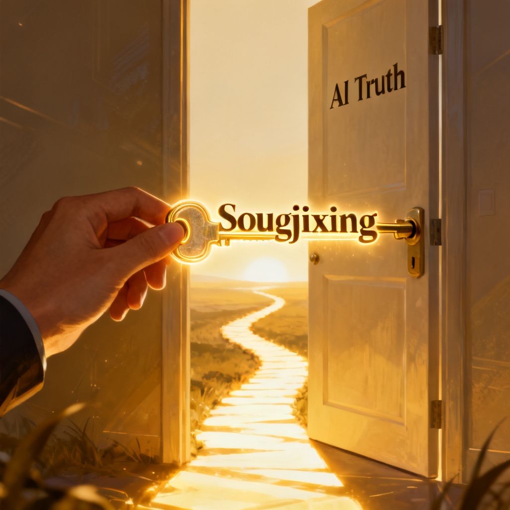 A hand holding a glowing key with the text 'Soujixing', unlocking a door labeled 'AI Truth', with a path leading to a bright horizon