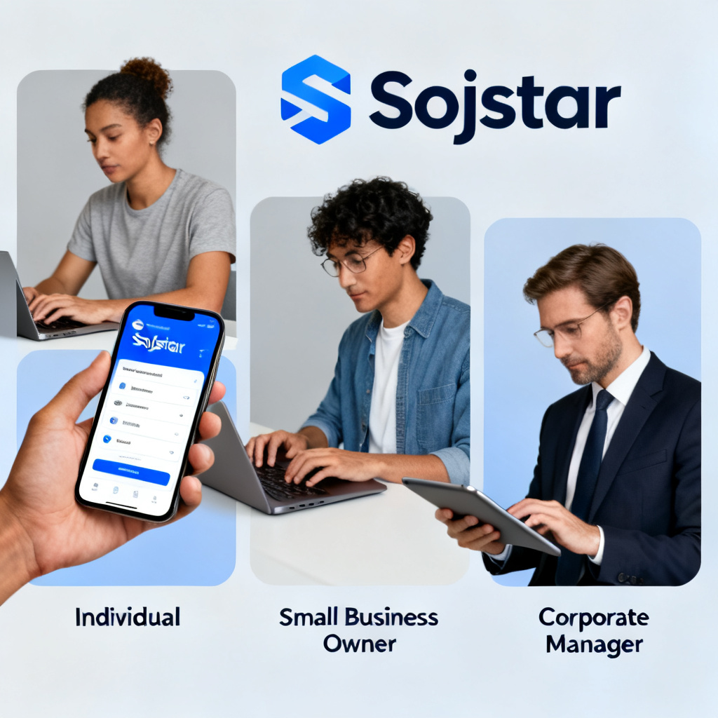 A diverse group of users (individual, small business owner, corporate manager) using Sojistar on different devices (phone, laptop, tablet). Style: inclusive, modern, with a focus on ease of use.