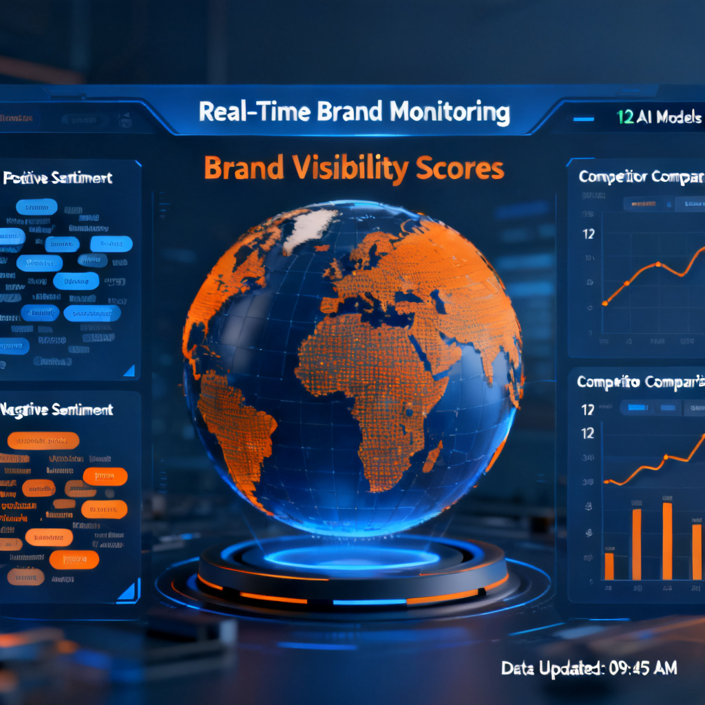 A dynamic dashboard interface showing real-time brand monitoring across 12 AI models, with a 3D globe in the center displaying brand visibility scores, positive/negative word clouds, and competitor comparison charts. Clean, professional design with blue and orange color scheme.