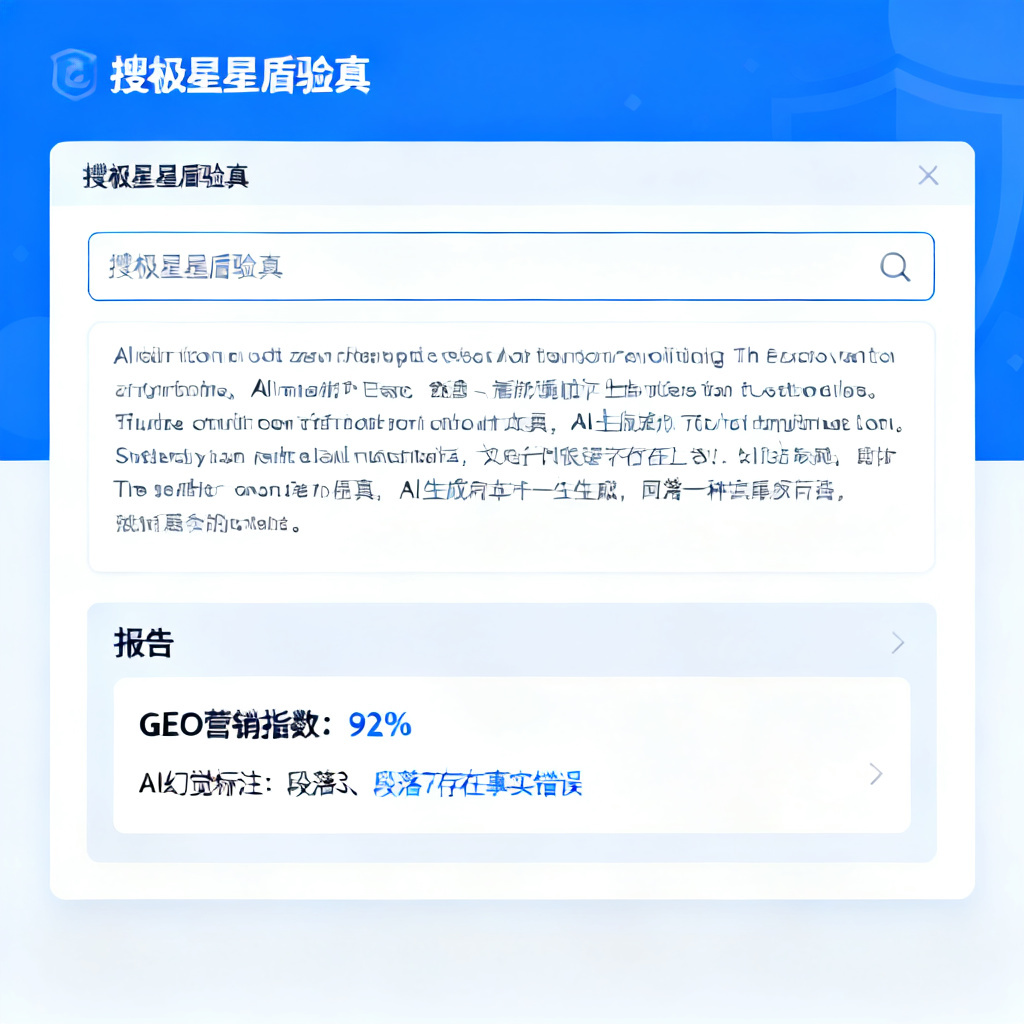 用户界面截图显示搜极星星盾验真的输入框,用户粘贴了一段AI生成的文本,下方报告区域突出显示“GEO营销指数:92%”和“AI幻觉标注:段落3、段落7存在事实错误”,背景为蓝白配色