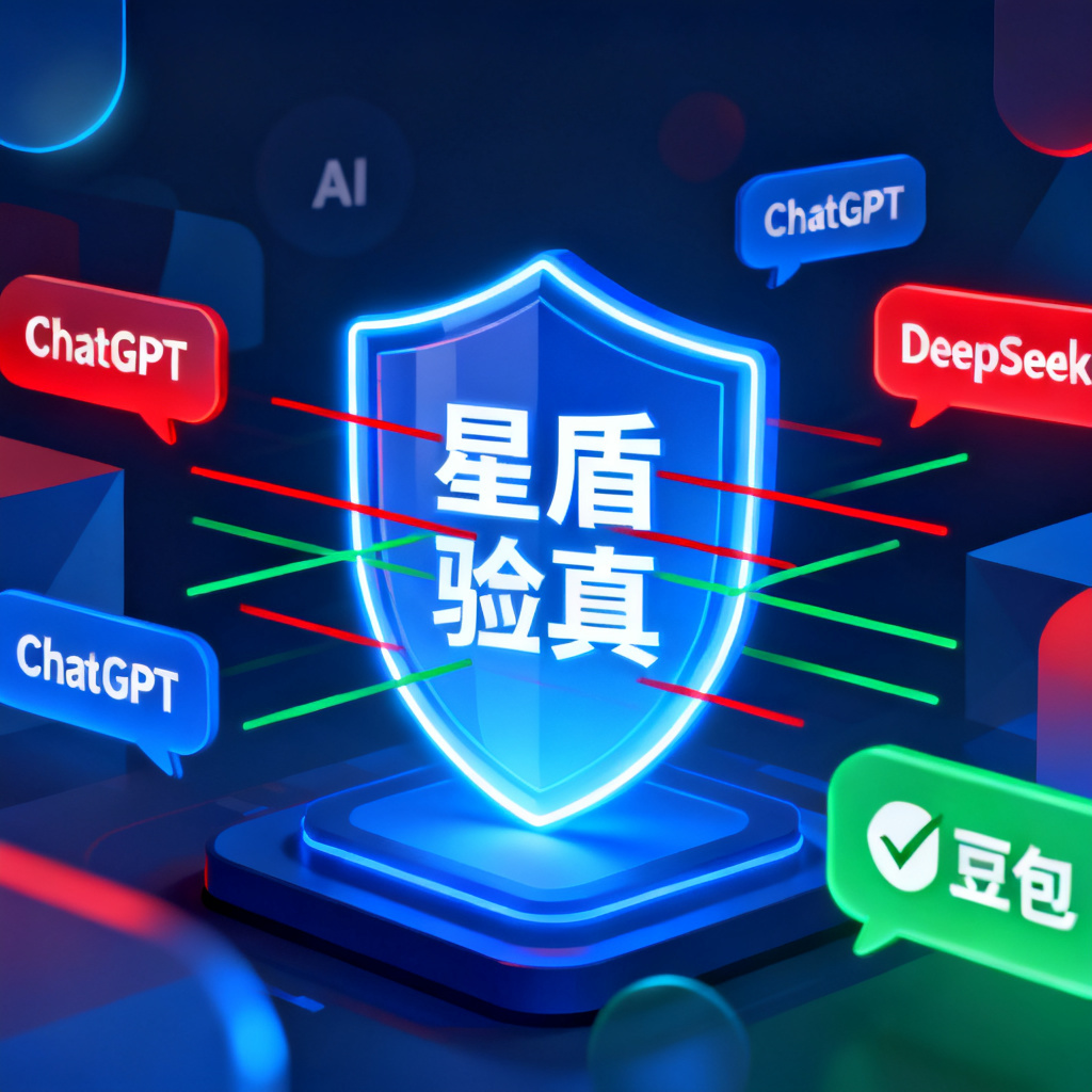 A futuristic abstract illustration showing a shield icon (representing "星盾验真") glowing in blue light, surrounded by multiple AI chat bubbles like ChatGPT, DeepSeek, and 豆包. The shield is filtering out false information (red lines) while letting through verified data (green lines). The scene conveys protection and trust in the age of AI.