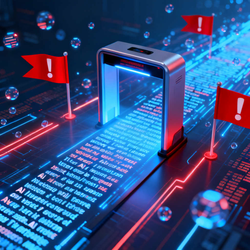A conceptual illustration of a futuristic security scanner scanning AI-generated text, with red flags popping up for false information and hidden advertisements, set in a digital information flow environment.