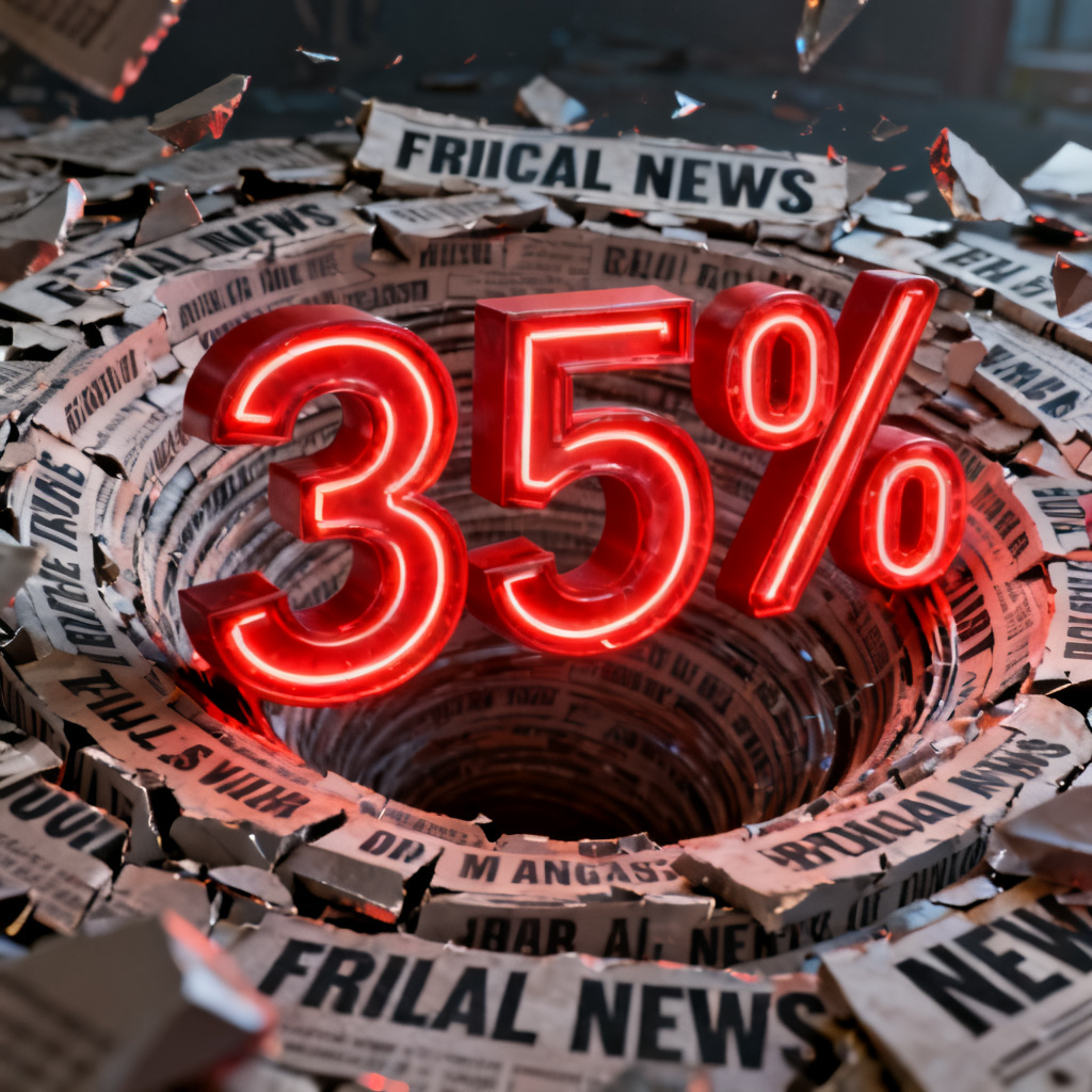 一个巨大的数字“35%”悬浮在由AI生成文字组成的漩涡中,背景是破碎的虚假新闻标题,风格超现实,数字用红色发光材质