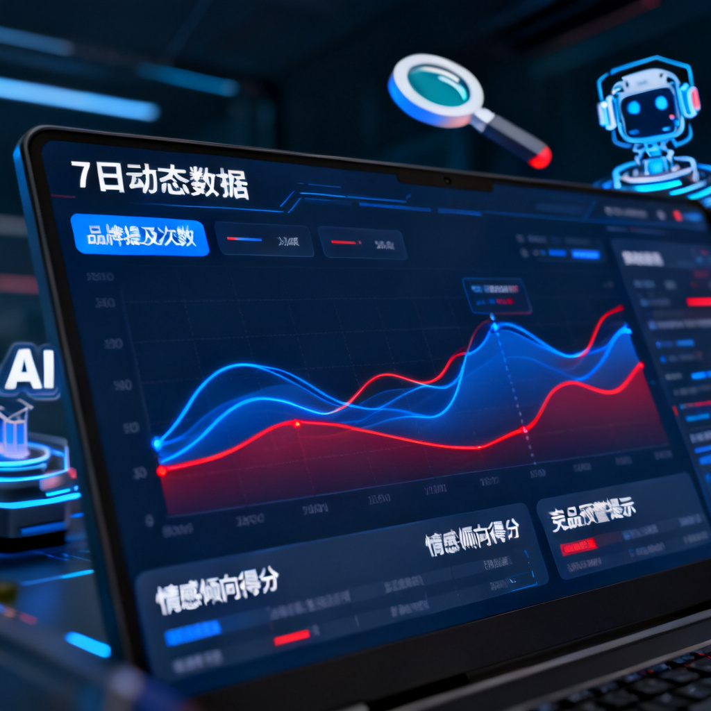 一个数字仪表盘界面，显示7日动态数据曲线，包含“品牌提及次数”“情感倾向得分”“竞品预警提示”等模块，数据流以蓝色和红色线条呈现，背景有搜索引擎和AI模型图标
