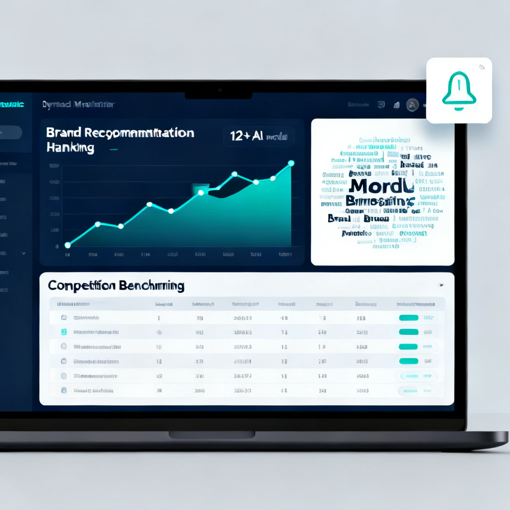 A dynamic monitoring dashboard for brand AI performance. The screen shows a line chart tracking brand recommendation rankings across 12+ AI models over time, a word cloud of positive and negative brand mentions, and a competitor benchmarking table. The design is professional, with muted corporate colors (navy, teal, white), and includes a real-time alert notification in the top right corner.