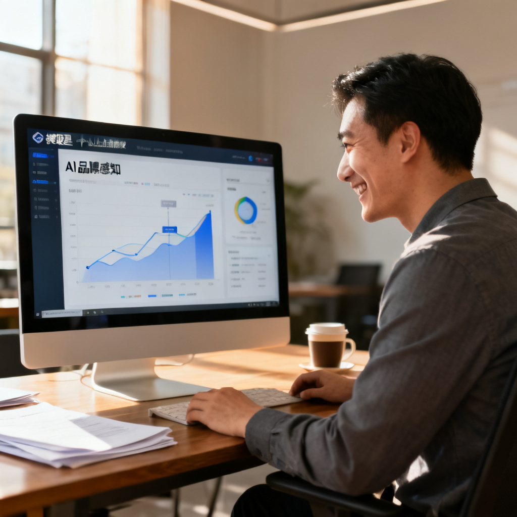 一个中小企业主在电脑前查看搜极星的品牌指数报告,屏幕显示‘AI品牌感知’图表,表情满意