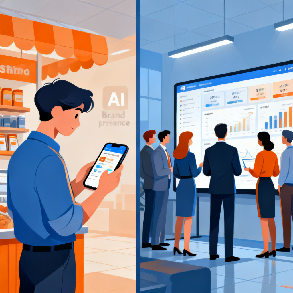 A split-screen illustration showing on the left a small business owner using a mobile app to check brand presence in AI, on the right a corporate team monitoring a large dashboard with multiple metrics
