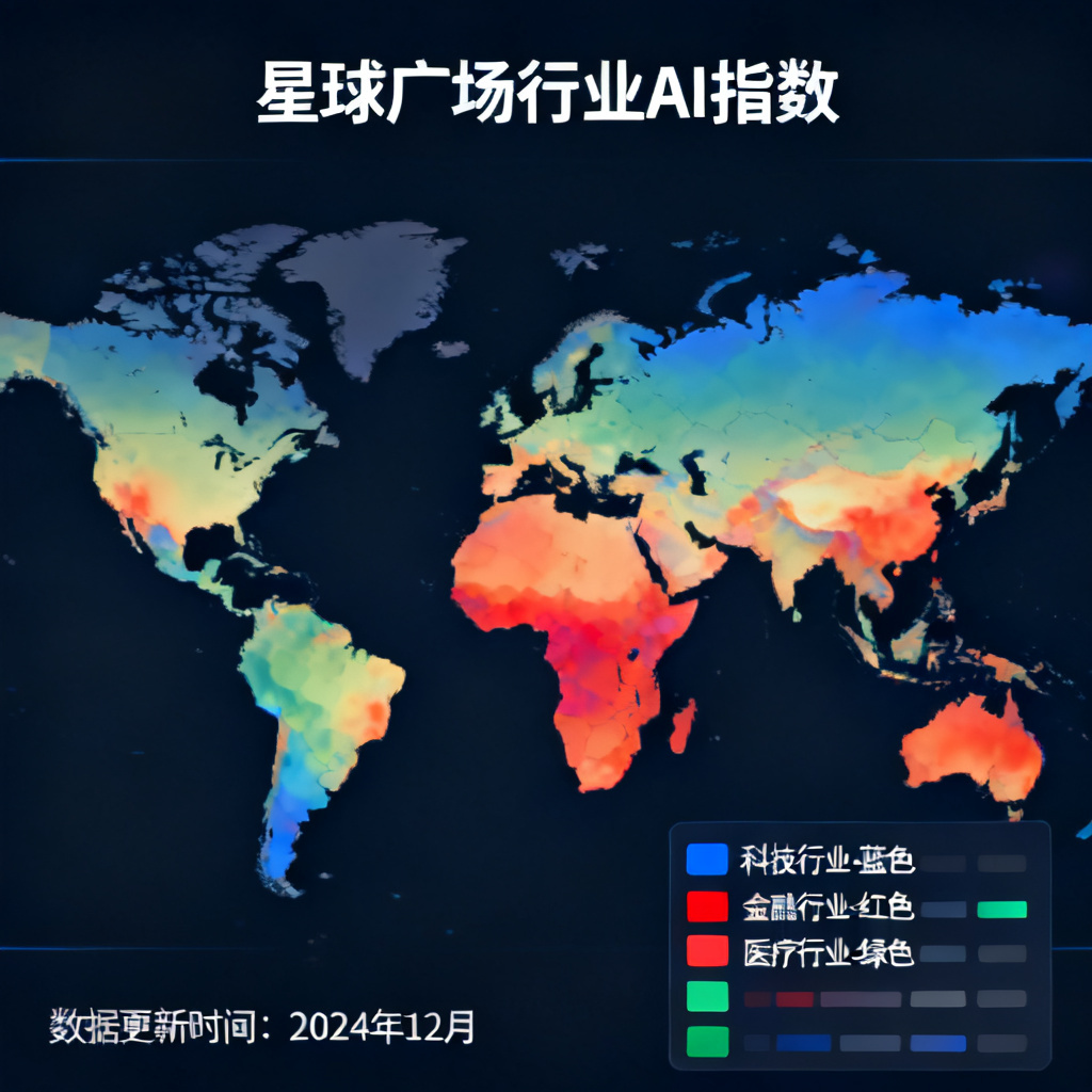 一个全球地图背景的宏观数据界面，显示“星球广场”的行业AI指数，不同行业用不同颜色的热力图表示。