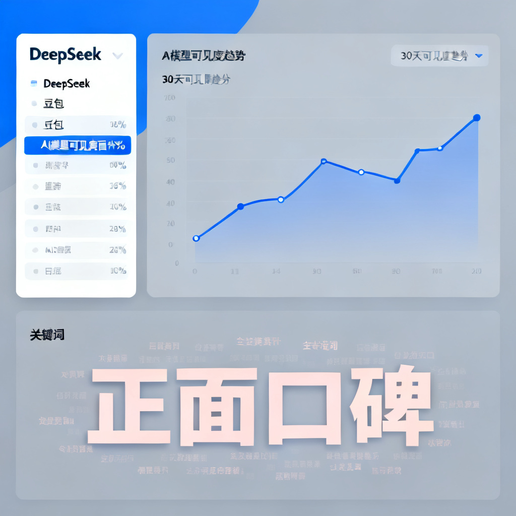 企业仪表盘界面，显示品牌在多个AI模型（DeepSeek、豆包等）中的可见度百分比，折线图展示30天趋势，关键词云突出'正面口碑'。