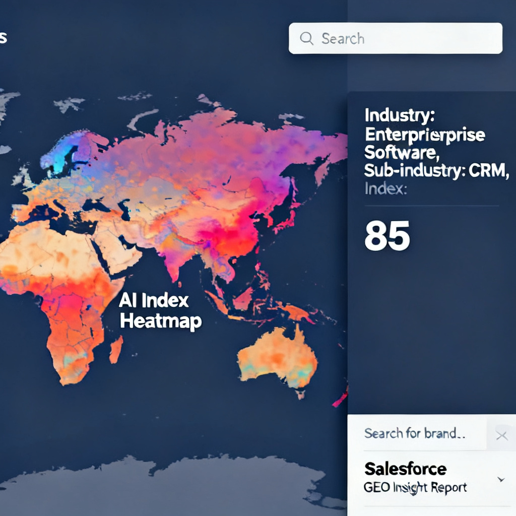 A global map with heatmaps overlaid, labeled 'AI Index Heatmap'. Side panel shows 'Industry: Enterprise Software, Sub-industry: CRM, Index: 85'. Search bar reads 'Search for brand...' with results showing 'Salesforce GEO Insight Report'.