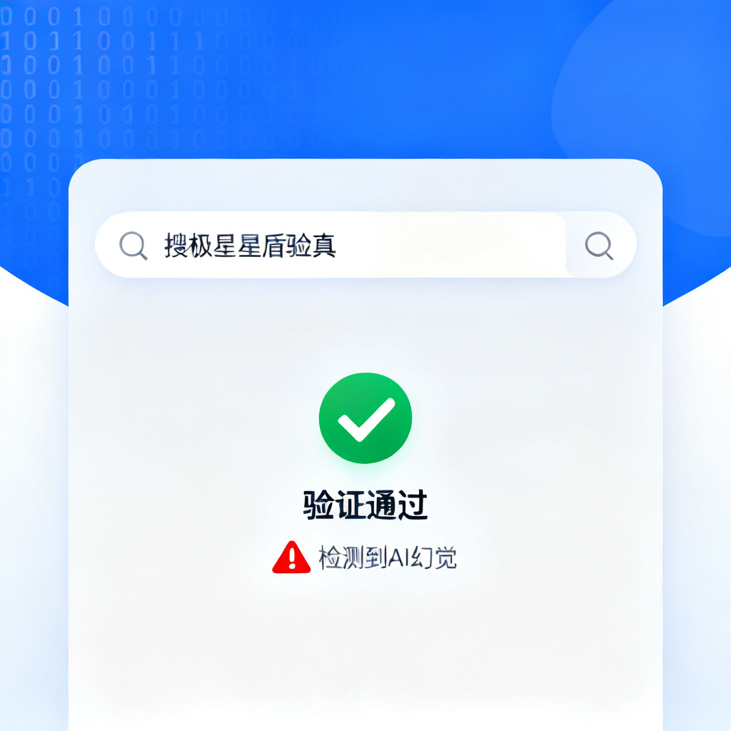A clean, modern interface showing a user pasting AI-generated text into a search bar labeled "搜极星星盾验真". The screen displays a green checkmark with "验证通过" and a red warning icon with "检测到AI幻觉". Background is a gradient of blue and white, with subtle binary code patterns to suggest digital verification.