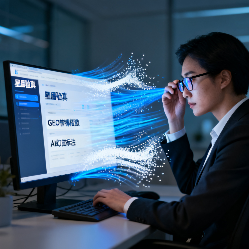 一位专业人士在电脑前查看‘星盾验真’报告，报告上显示GEO营销指数和AI幻觉标注，背景是数据流动的光束