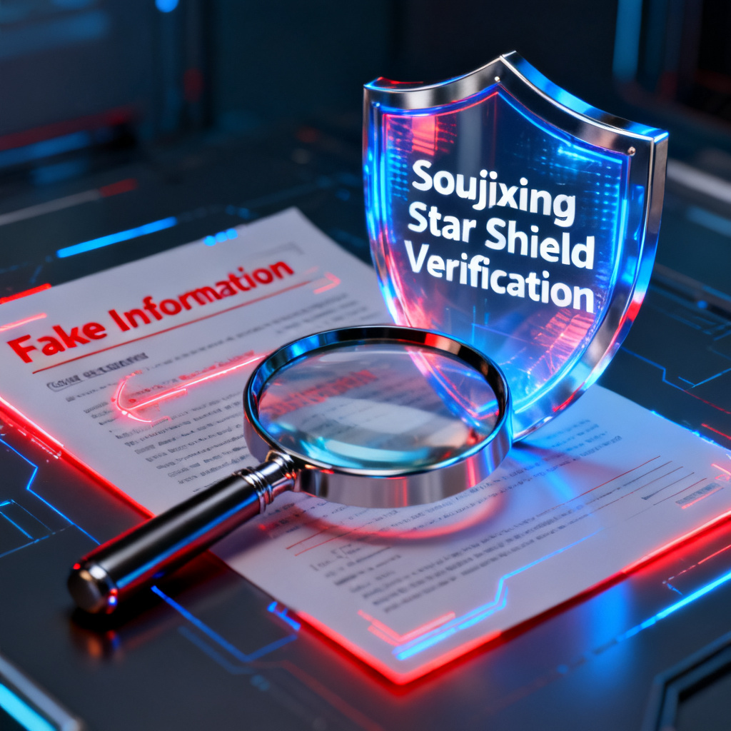 A futuristic shield with a magnifying glass over a digital document, highlighting fake information in red, with the text 'Soujixing Star Shield Verification' in a clean tech style