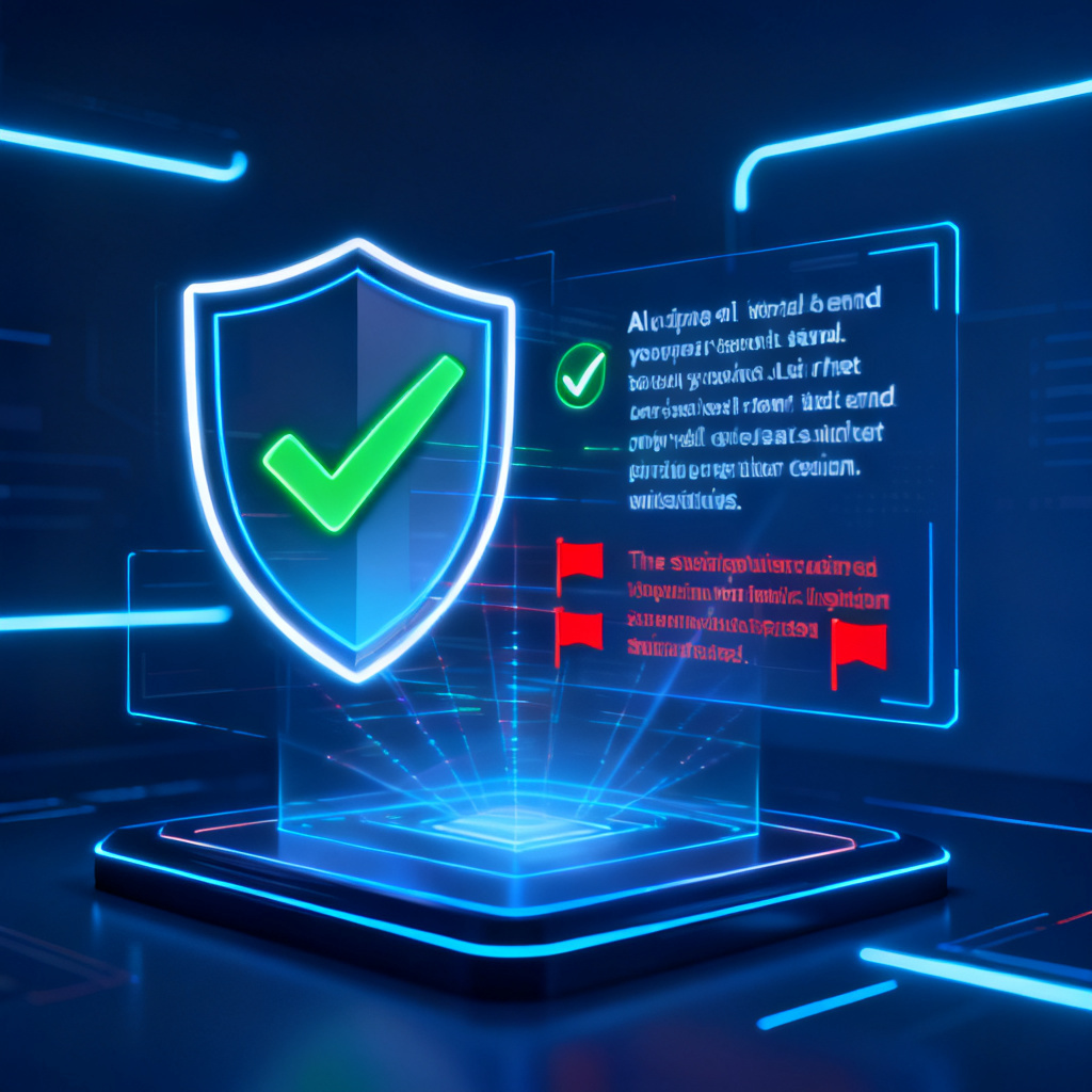 A futuristic interface showing a digital shield icon scanning AI-generated text for hallucinations, with a green checkmark for verified content and red flags for suspicious info. Dark blue background with glowing neon lines.