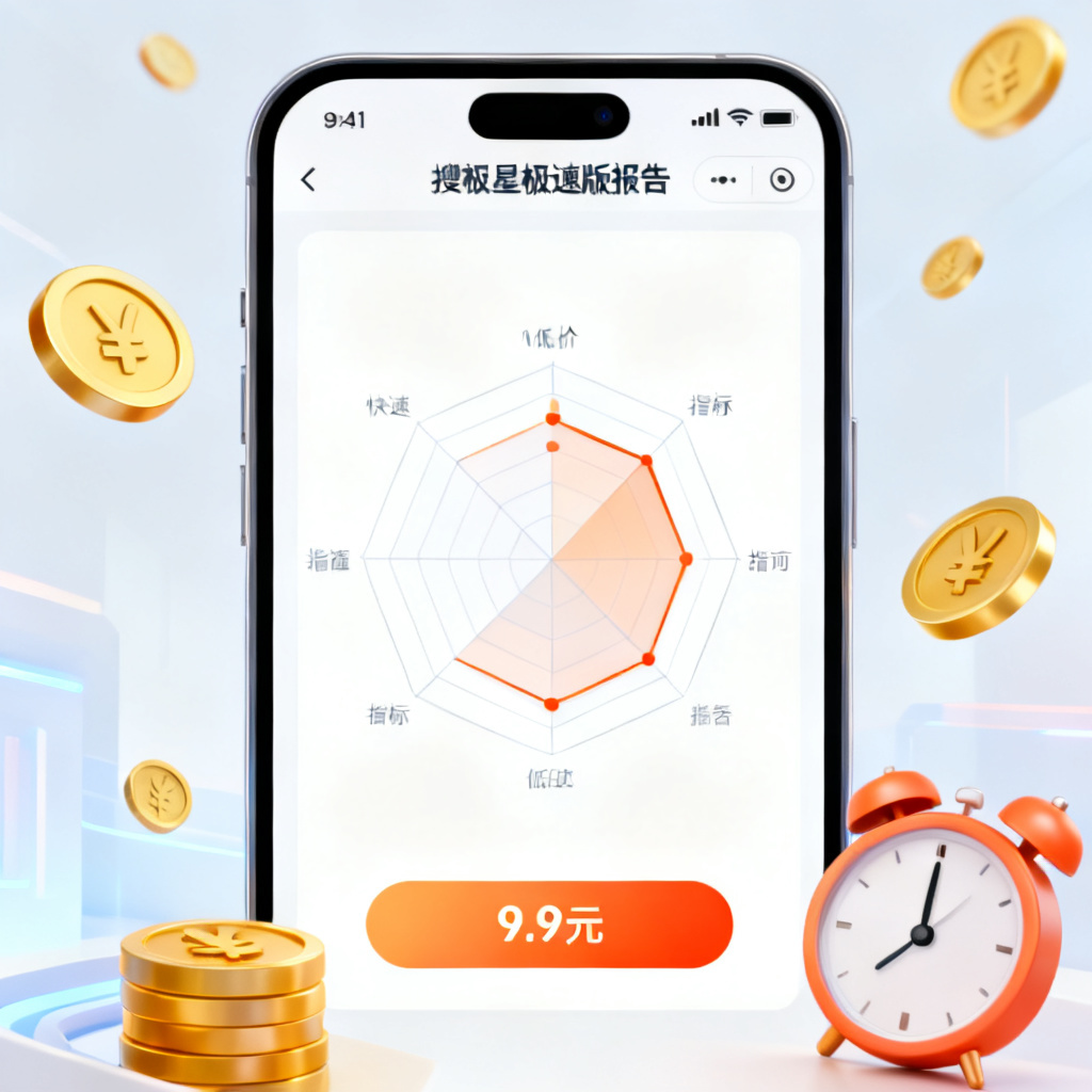 一张手机屏幕截图，显示搜极星极速版报告界面，包含11项指标雷达图，底部有9.9元价格标签，周围有金币和钟表图标表示快速和低价