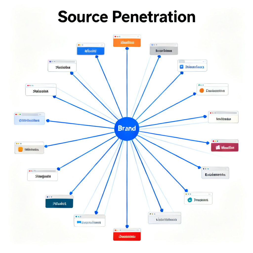 A network map showing 'Source Penetration' with nodes representing websites and links to a central brand, data visualization style