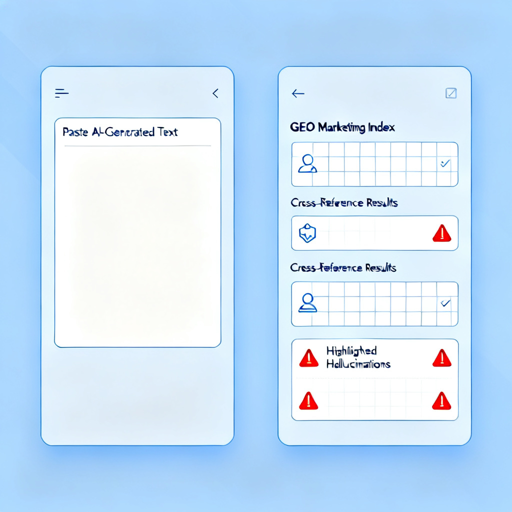 A clean web interface with a left panel for pasting AI-generated text and a right panel displaying a verification report. The report includes GEO marketing index, cross-reference results, and highlighted hallucinations. Design style: tech blue with minimalistic icons.